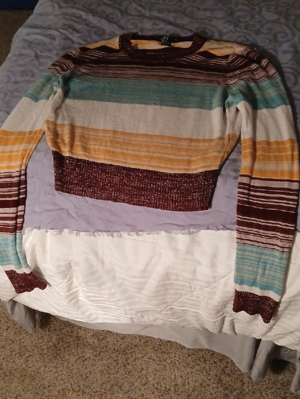 3/15 Glitter Sparkly Forever 21 Striped Crop Sweater in Brown, Teal, Cream